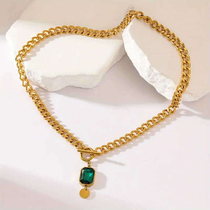 BettyRae - Chunky Chain Emerald Gold  Pendant Necklace