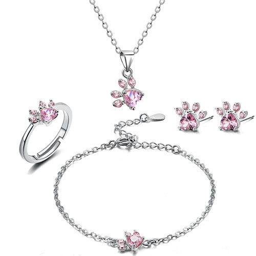 Rose Gold Paw Jewelry Set for Women – 4-Piece Collection with Heart-Shaped Cubic Zirconia: Ring, Necklace, Earrings, and Bracelet
