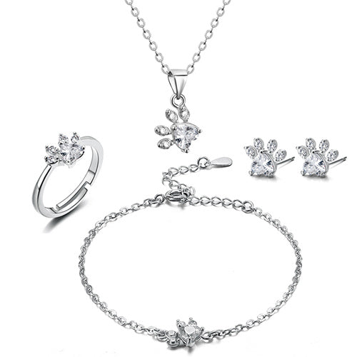 Rose Gold Paw Jewelry Set for Women – 4-Piece Collection with Heart-Shaped Cubic Zirconia: Ring, Necklace, Earrings, and Bracelet