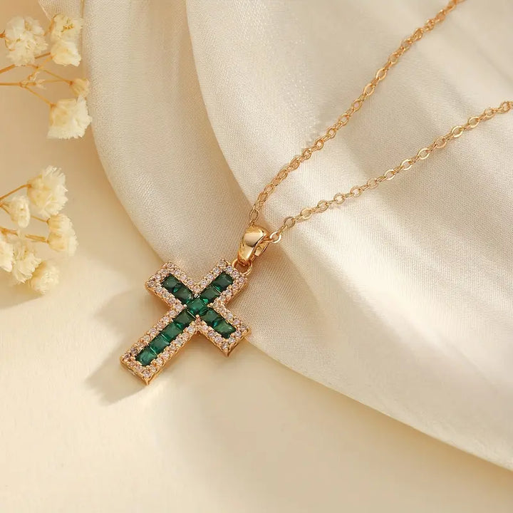 BettyRae - Emerald Cross Pendant Gold Necklace