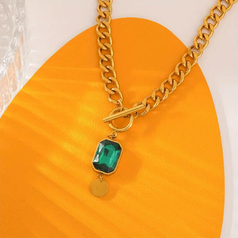BettyRae - Chunky Chain Emerald Gold  Pendant Necklace