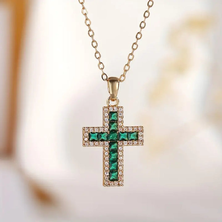 BettyRae - Emerald Cross Pendant Gold Necklace
