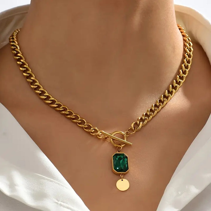 BettyRae - Chunky Chain Emerald Gold  Pendant Necklace