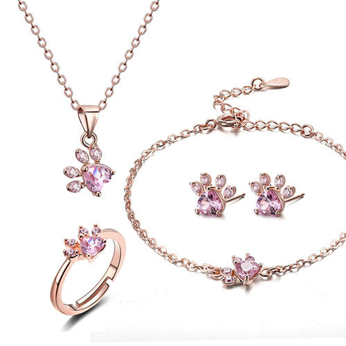 Rose Gold Paw Jewelry Set for Women – 4-Piece Collection with Heart-Shaped Cubic Zirconia: Ring, Necklace, Earrings, and Bracelet