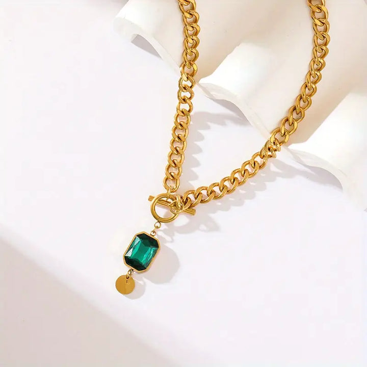 BettyRae - Chunky Chain Emerald Gold  Pendant Necklace