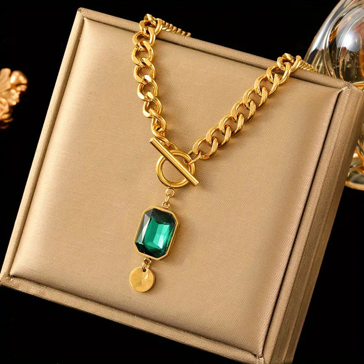 BettyRae - Chunky Chain Emerald Gold  Pendant Necklace