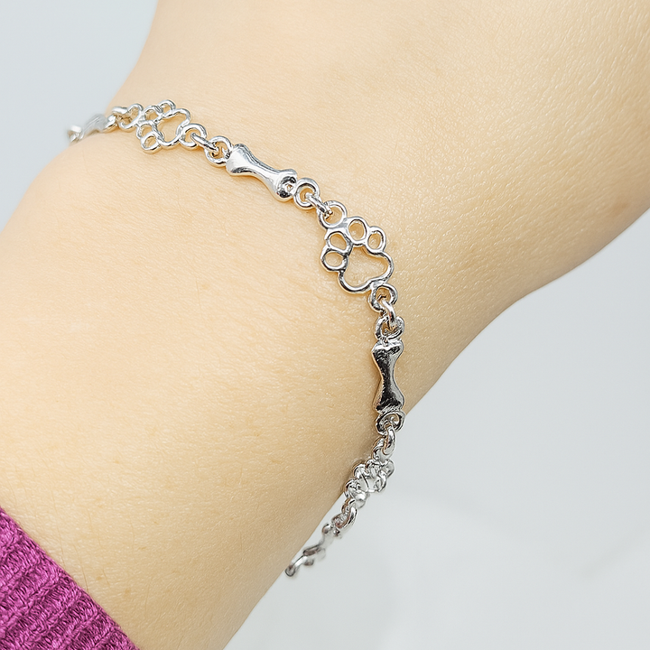 Pure Silver Bracelet Featuring Paw and Bone Charms