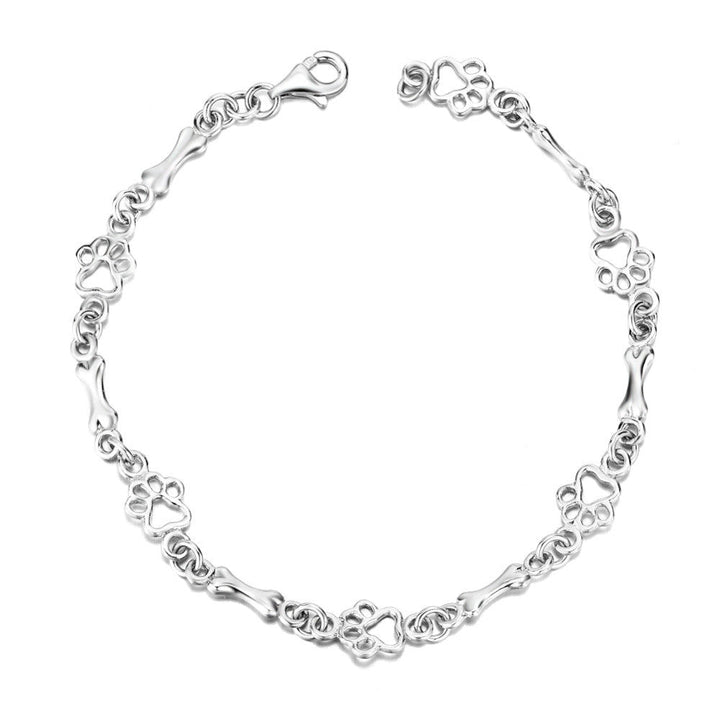 Pure Silver Bracelet Featuring Paw and Bone Charms