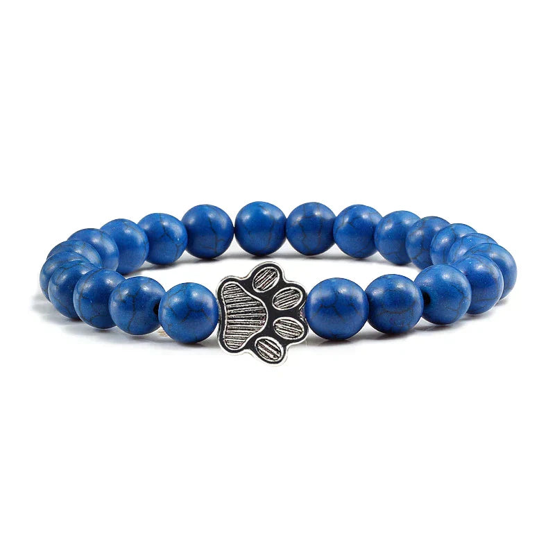 Unisex Natural Stone Bracelet with Elastic Pearl and Paw Print Charm