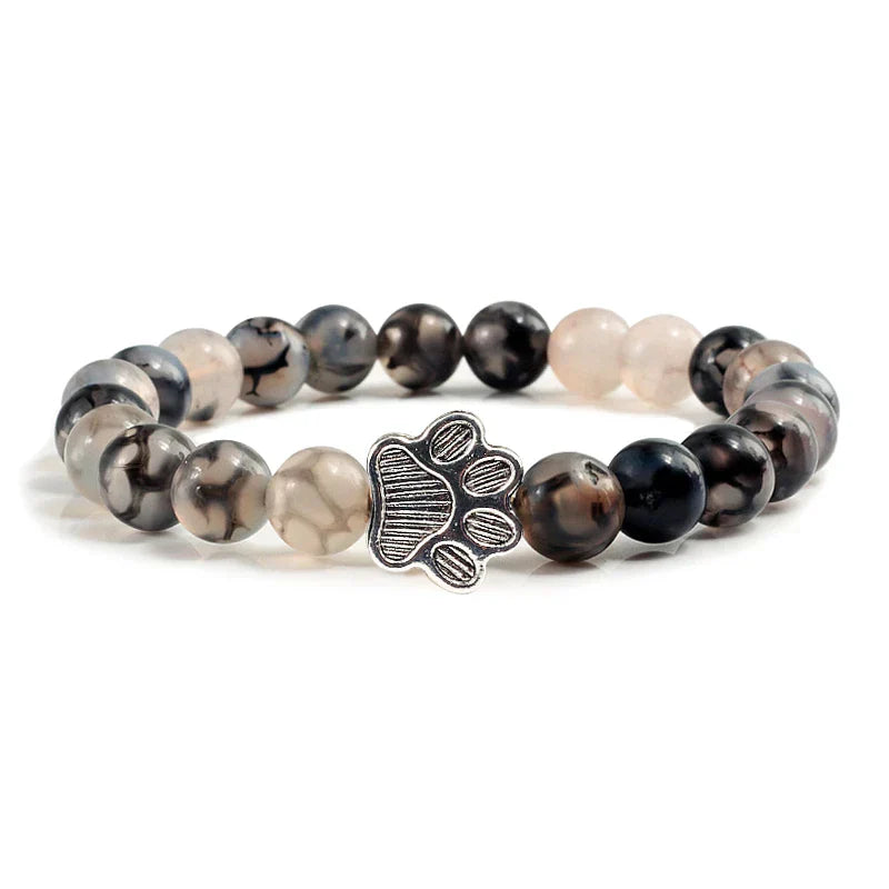 Unisex Natural Stone Bracelet with Elastic Pearl and Paw Print Charm