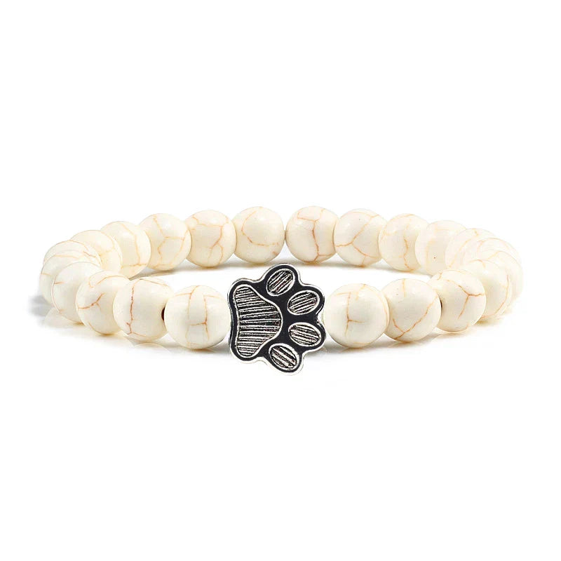 Unisex Natural Stone Bracelet with Elastic Pearl and Paw Print Charm
