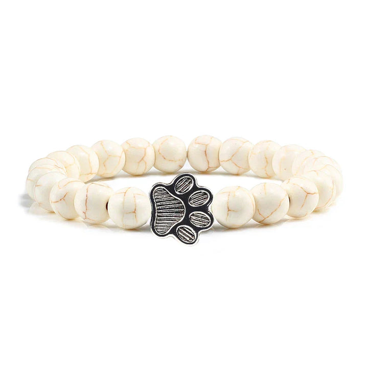 Unisex Natural Stone Bracelet with Elastic Pearl and Paw Print Charm