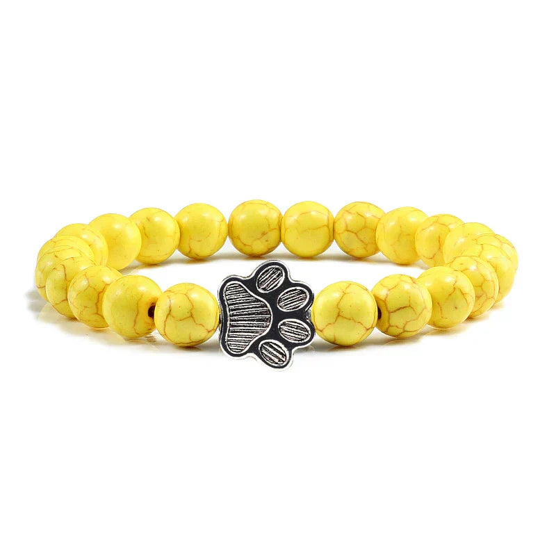 Unisex Natural Stone Bracelet with Elastic Pearl and Paw Print Charm