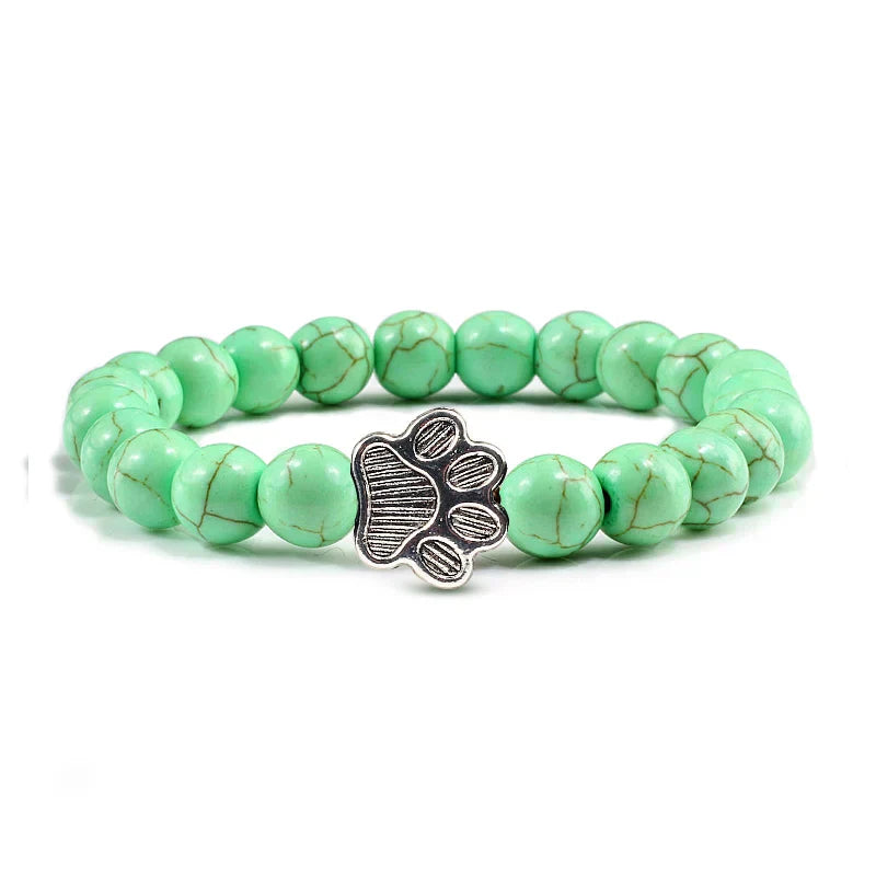 Unisex Natural Stone Bracelet with Elastic Pearl and Paw Print Charm