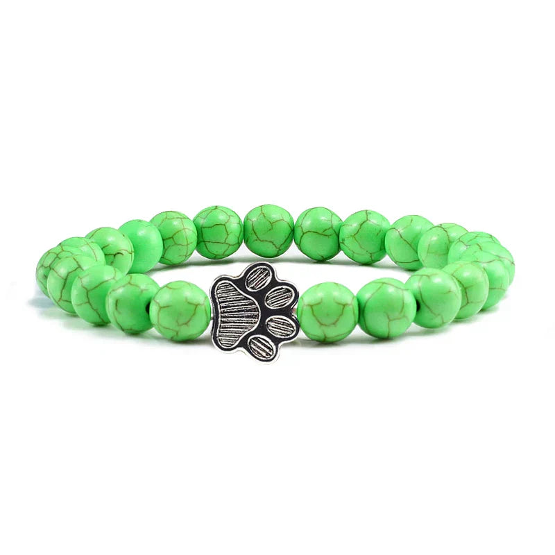 Unisex Natural Stone Bracelet with Elastic Pearl and Paw Print Charm