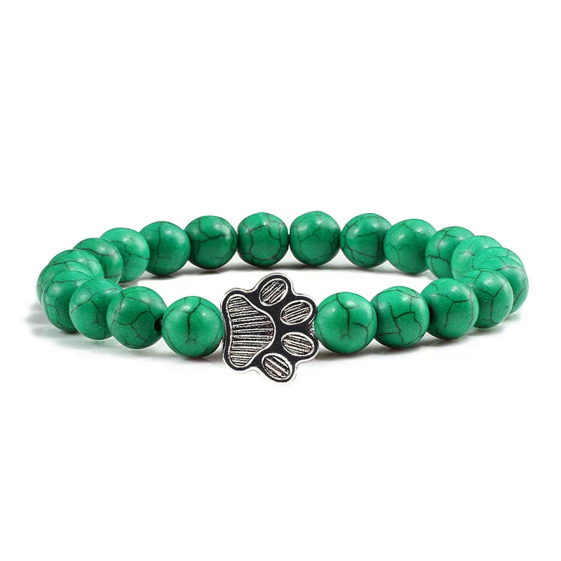 Unisex Natural Stone Bracelet with Elastic Pearl and Paw Print Charm
