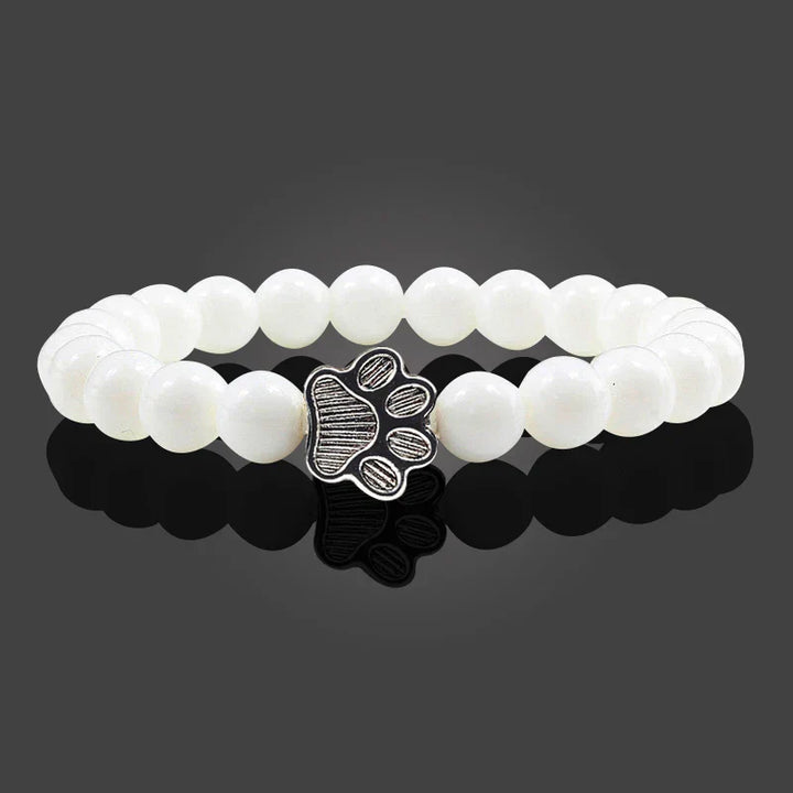 Unisex Natural Stone Bracelet with Elastic Pearl and Paw Print Charm