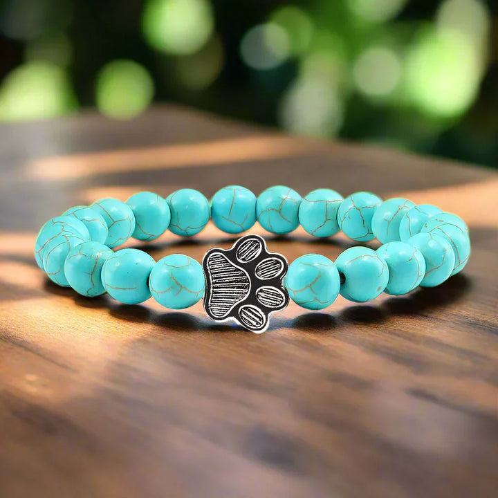 Unisex Natural Stone Bracelet with Elastic Pearl and Paw Print Charm