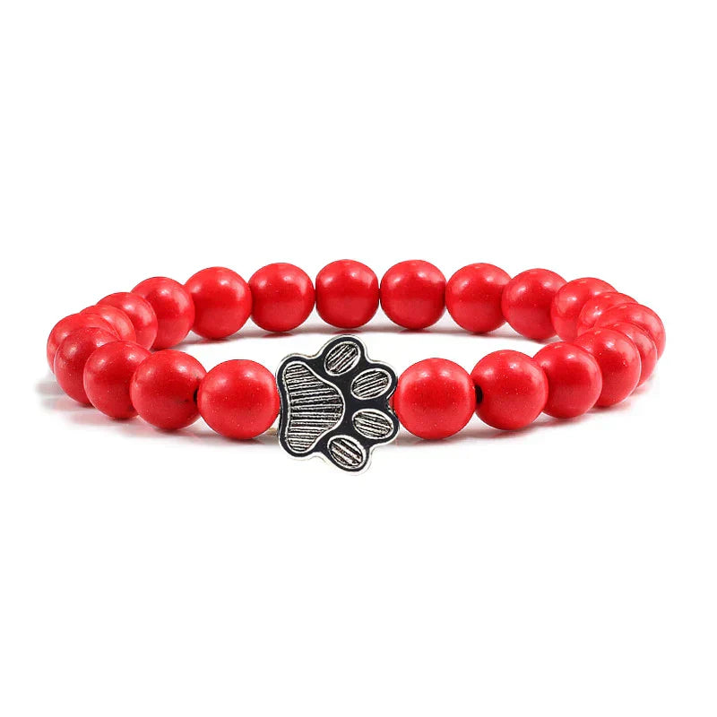 Unisex Natural Stone Bracelet with Elastic Pearl and Paw Print Charm