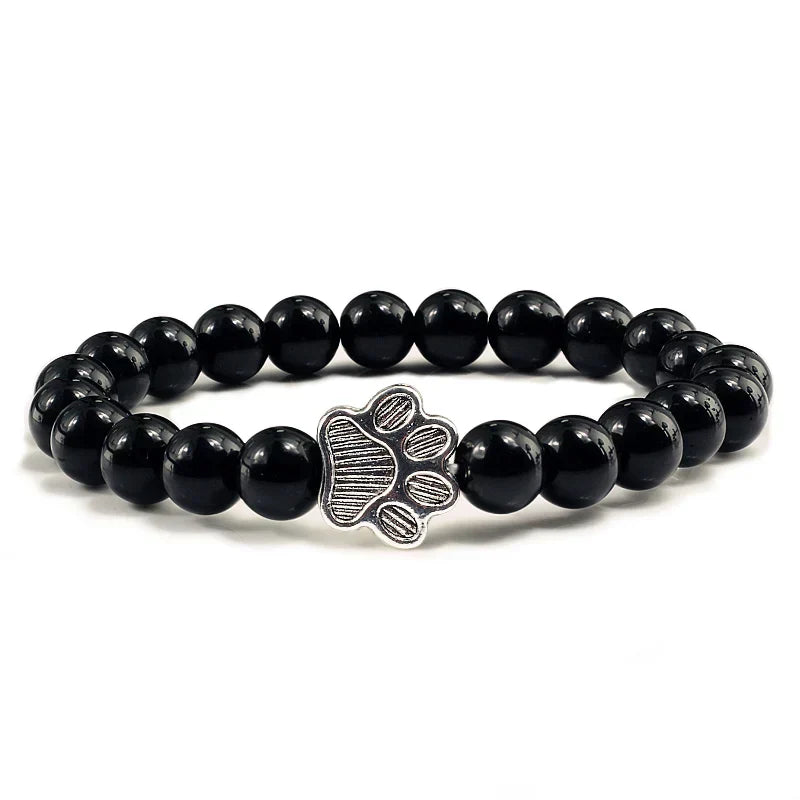 Unisex Natural Stone Bracelet with Elastic Pearl and Paw Print Charm