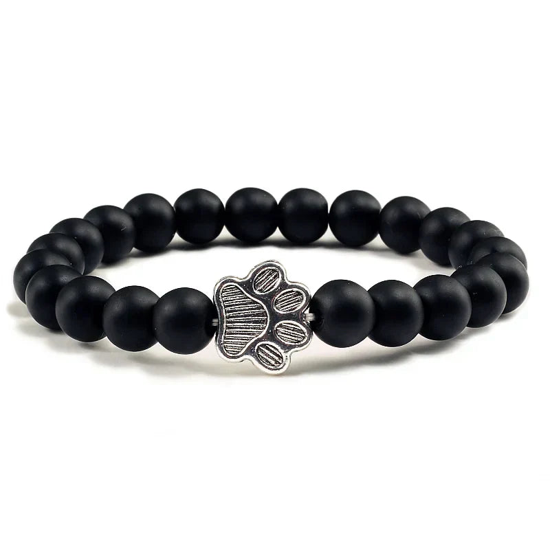 Unisex Natural Stone Bracelet with Elastic Pearl and Paw Print Charm