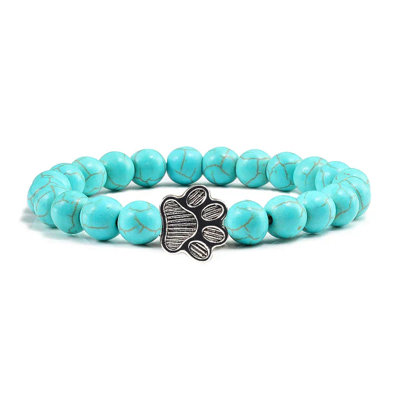 Unisex Natural Stone Bracelet with Elastic Pearl and Paw Print Charm
