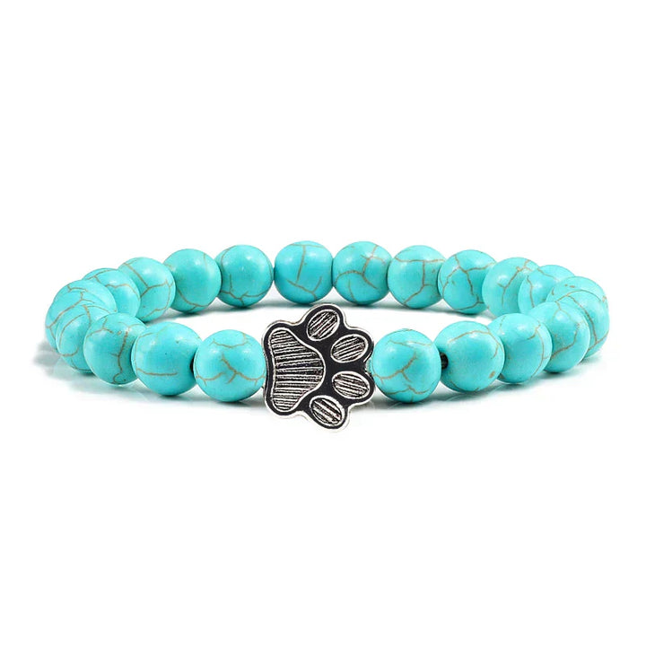 Unisex Natural Stone Bracelet with Elastic Pearl and Paw Print Charm