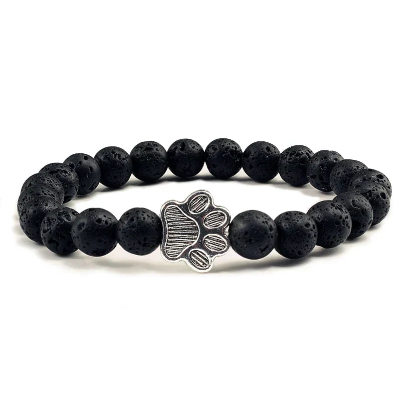 Unisex Natural Stone Bracelet with Elastic Pearl and Paw Print Charm
