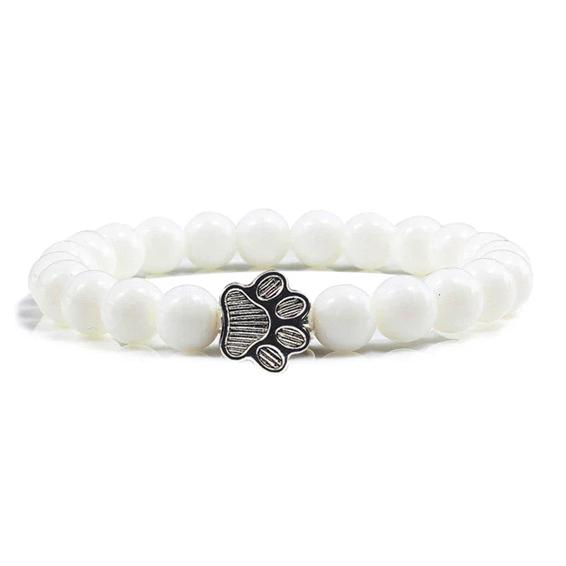 Unisex Natural Stone Bracelet with Elastic Pearl and Paw Print Charm