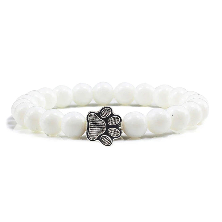 Unisex Natural Stone Bracelet with Elastic Pearl and Paw Print Charm