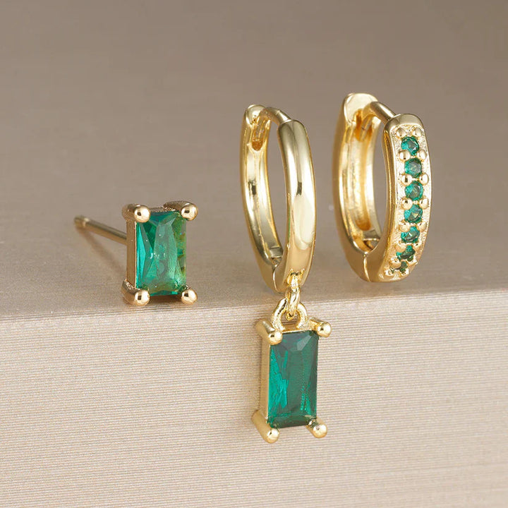 BettyRae - Emerald Green Geometric Zircon Gold Earrings