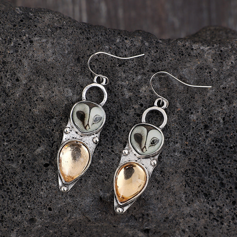Owl Earrings with Champagne-Colored Drop Stone