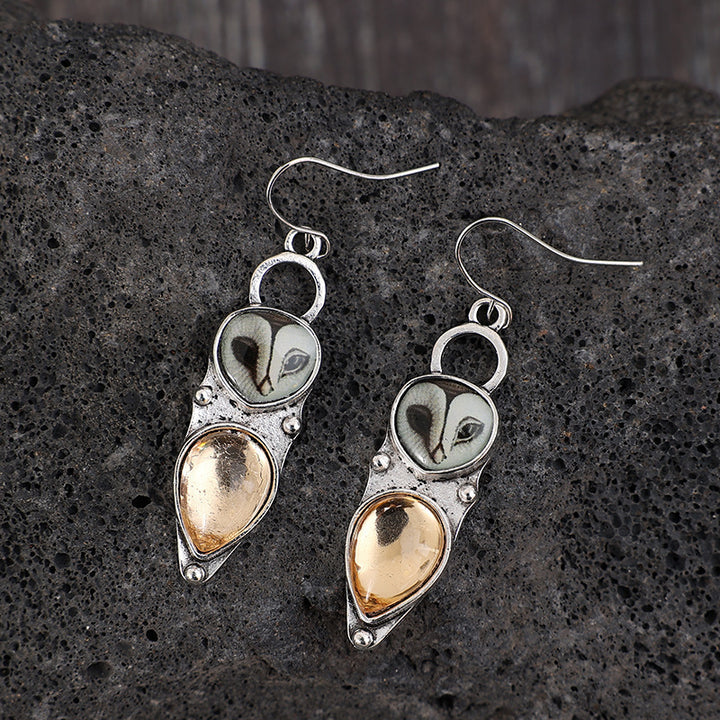 Owl Earrings with Champagne-Colored Drop Stone