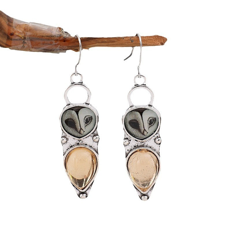 Owl Earrings with Champagne-Colored Drop Stone