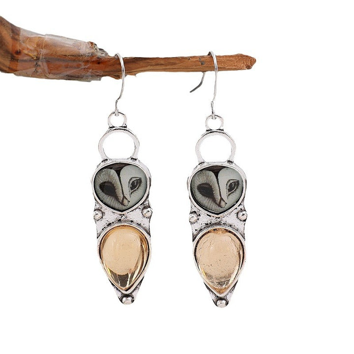 Owl Earrings with Champagne-Colored Drop Stone