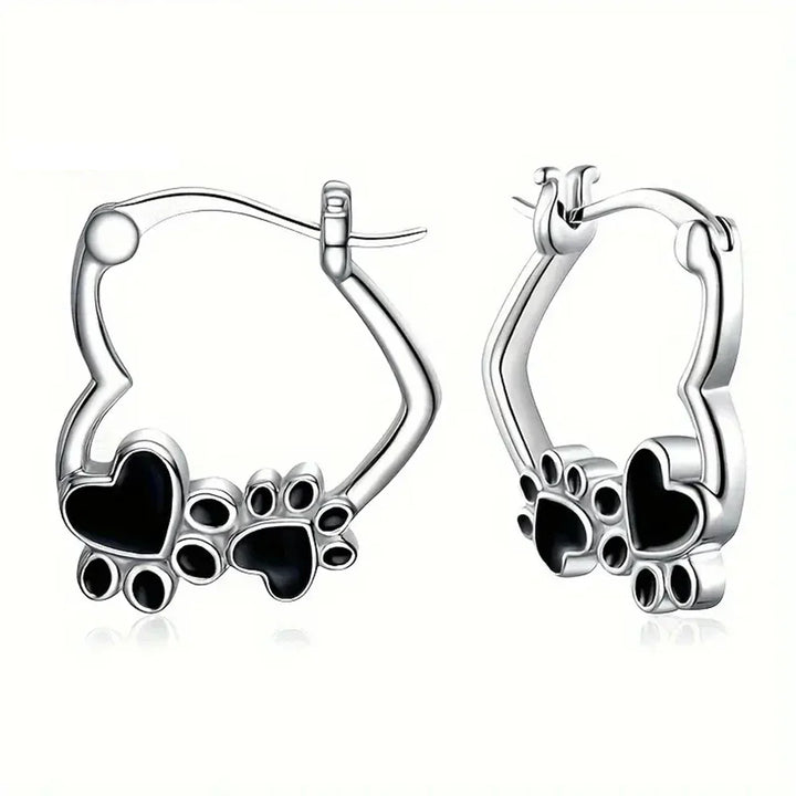 Heart-Paw Hoops – Silver Animal Motif Earrings with Black Enamel Design