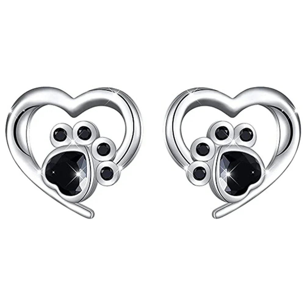 Heart Paw Stud Earrings – Silver-Colored Earrings with Black Crystal