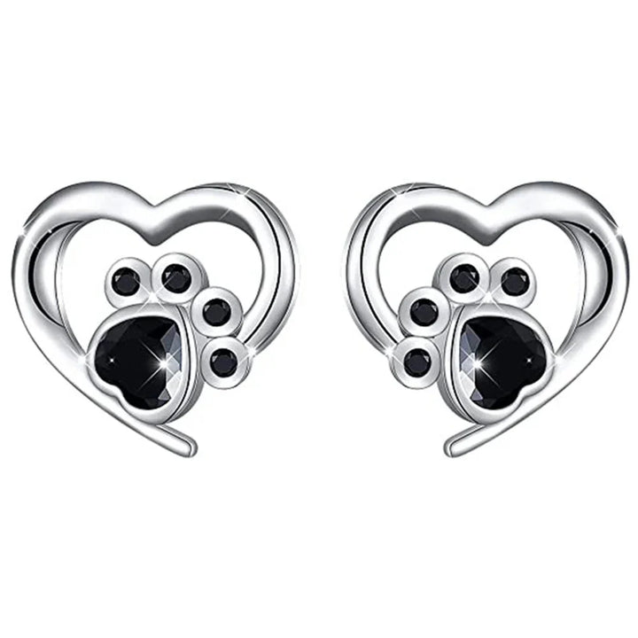 Heart Paw Stud Earrings – Silver-Colored Earrings with Black Crystal