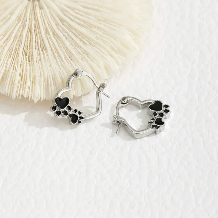 Heart-Paw Hoops – Silver Animal Motif Earrings with Black Enamel Design
