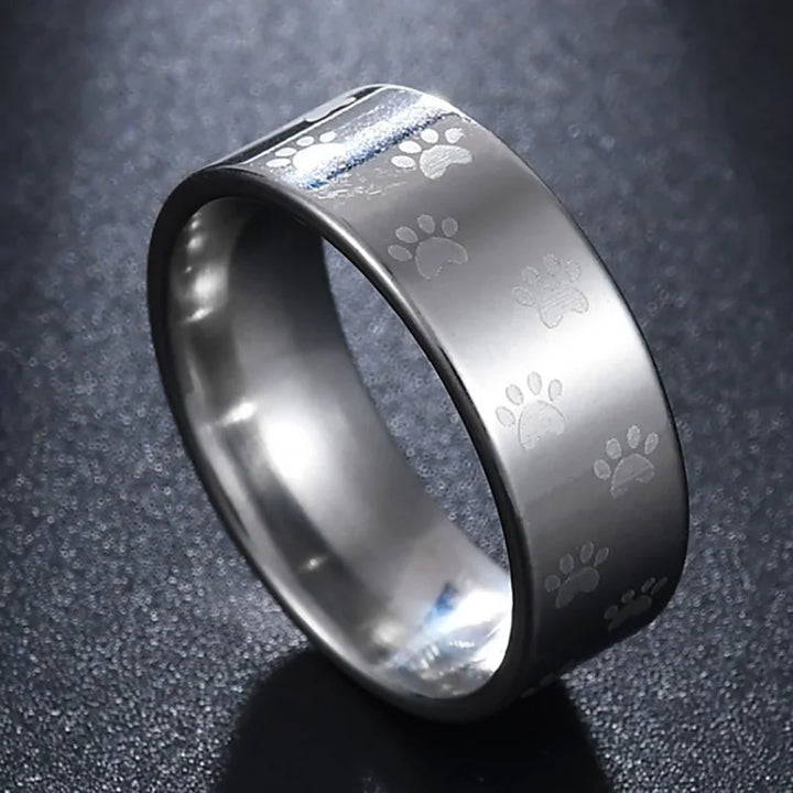 Handcrafted Rainbow Stainless Steel Ring with Paw Print