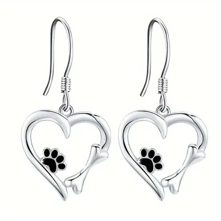 Heart-Shaped Dangle Earrings with Paw Print – Playful Silver Jewelry