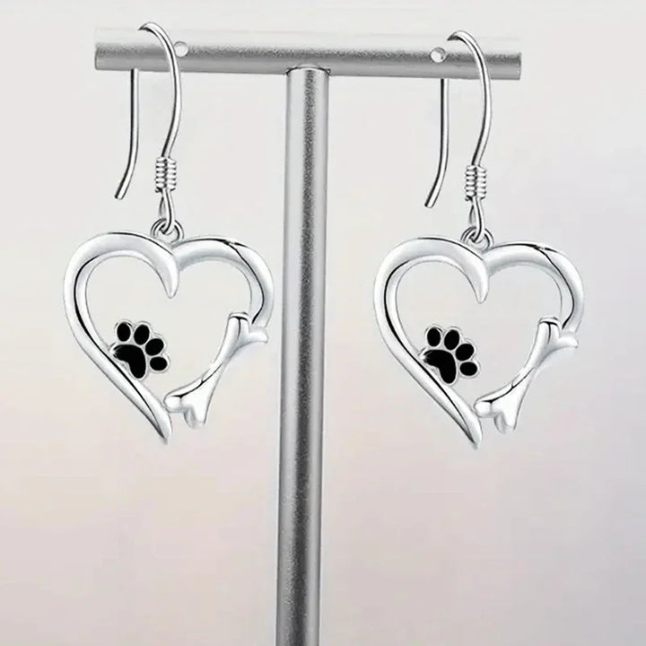 Heart-Shaped Dangle Earrings with Paw Print – Playful Silver Jewelry