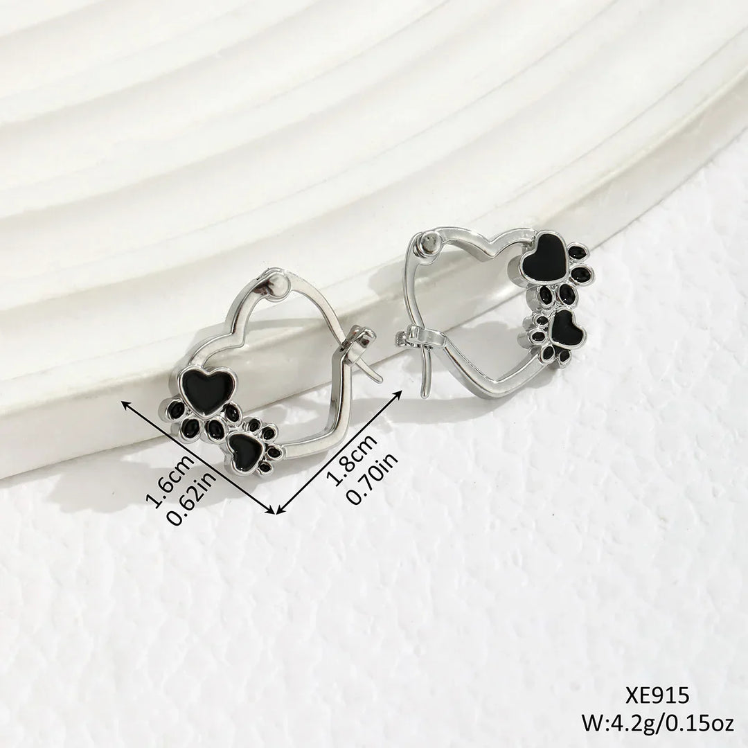 Heart-Paw Hoops – Silver Animal Motif Earrings with Black Enamel Design