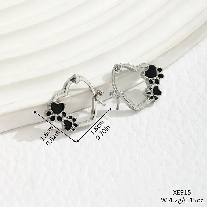 Heart-Paw Hoops – Silver Animal Motif Earrings with Black Enamel Design