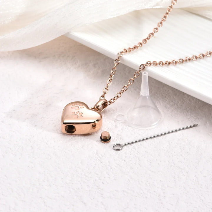 Memorial Necklace with Paw Heart – Stainless Steel Urn Pendant
