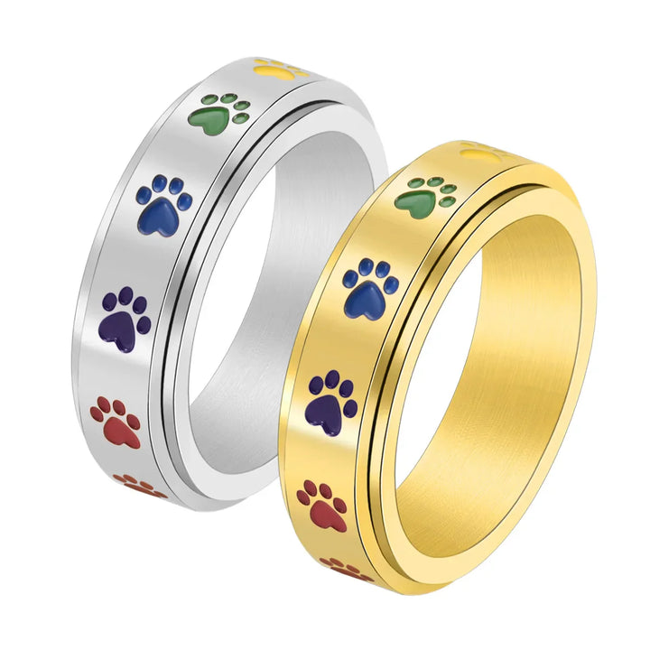 Rotatable Anti-Stress Ring with Paws – Stainless Steel Ring with Rainbow Colors