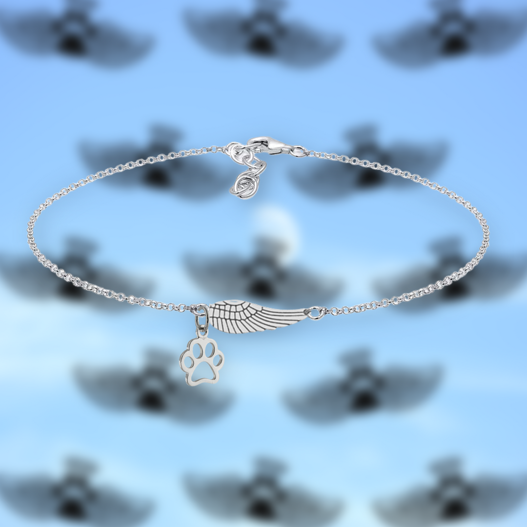 Silver Memorial Bracelet with Angel Wings & Paw Print | Handmade
