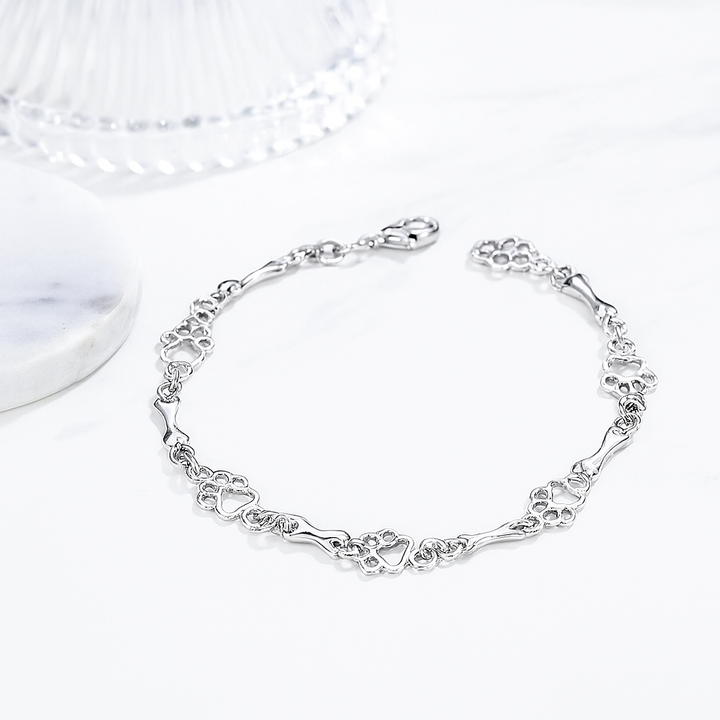 Pure Silver Bracelet Featuring Paw and Bone Charms