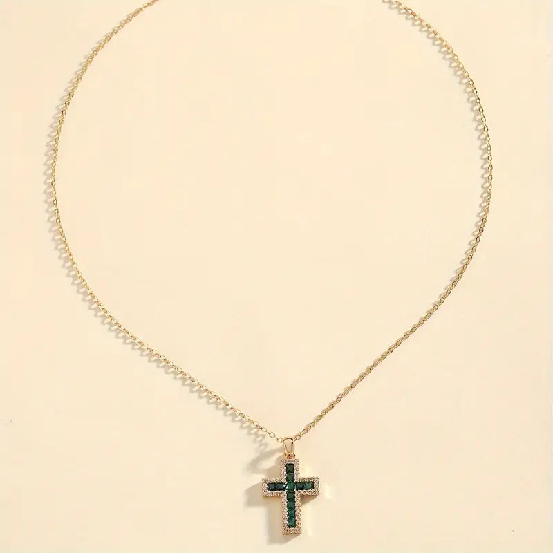 BettyRae - Emerald Cross Pendant Gold Necklace