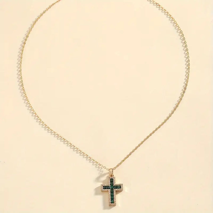 BettyRae - Emerald Cross Pendant Gold Necklace